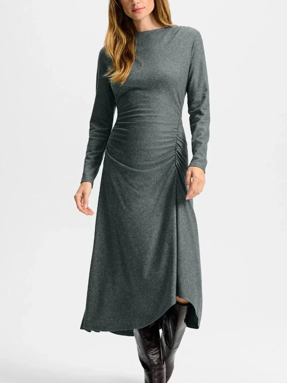 NWT Veronica Beard Theodora Wool Heather Gray Ruched Boat Neck Midi Dress S​